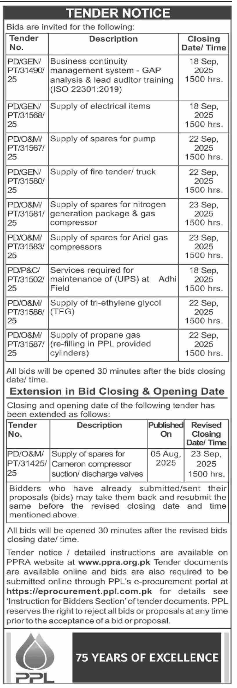 PPL Tender Notice